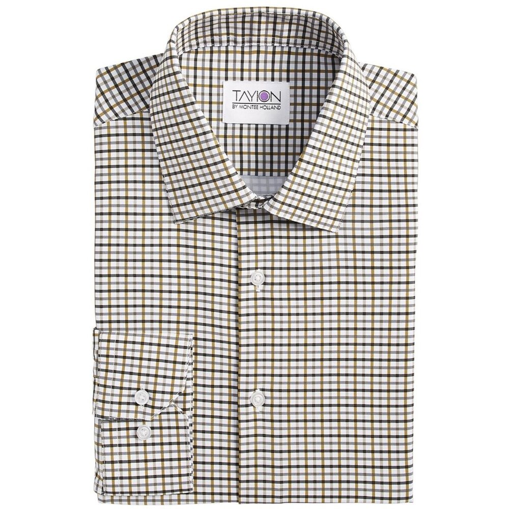 Tayion Collection Men's Slim-Fit Plaid Dress Shirt Brown Size 17/17.5 x 32/33